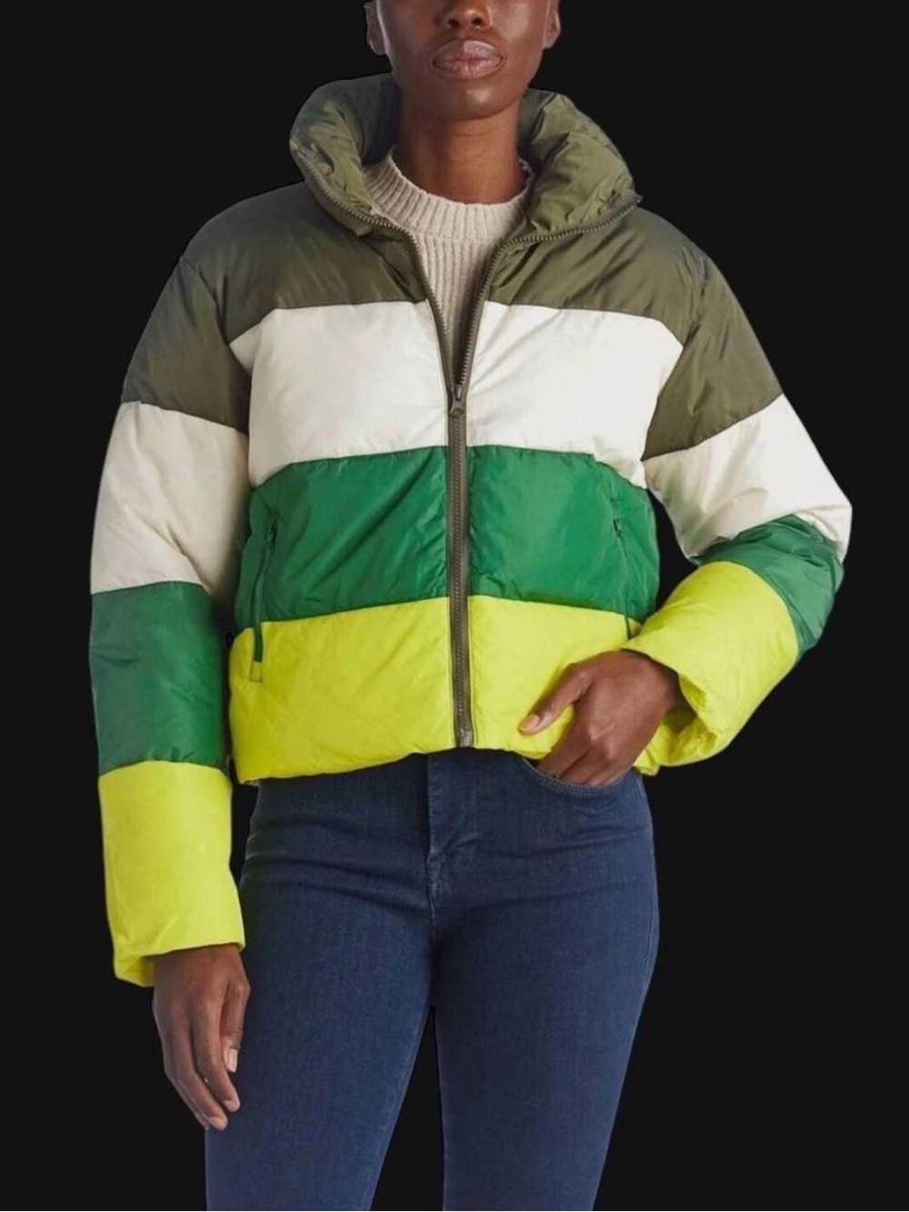 Steve Madden women’s colorblocked puffy nylon jacket Olive Night Size M